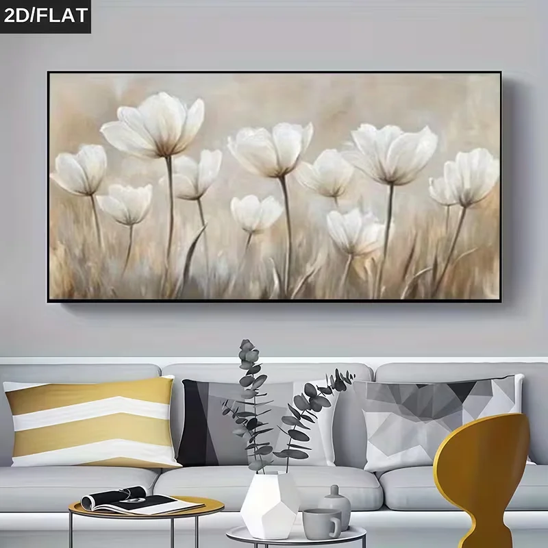 2D Flach, 2D Flach, 1 Stück Große Moderne Weiße Tulpen Rahmenlose Leinwandkunst |   31,5x63 (31,5x62,99 Zoll) Minimalistisches weißes Blumenposter f