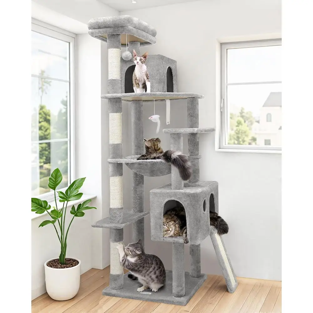 

70 Inch Durable Indoor Cat Tower with Scratching Post, Hammock, and Condo for Large Cats and Kittens, Light Grey