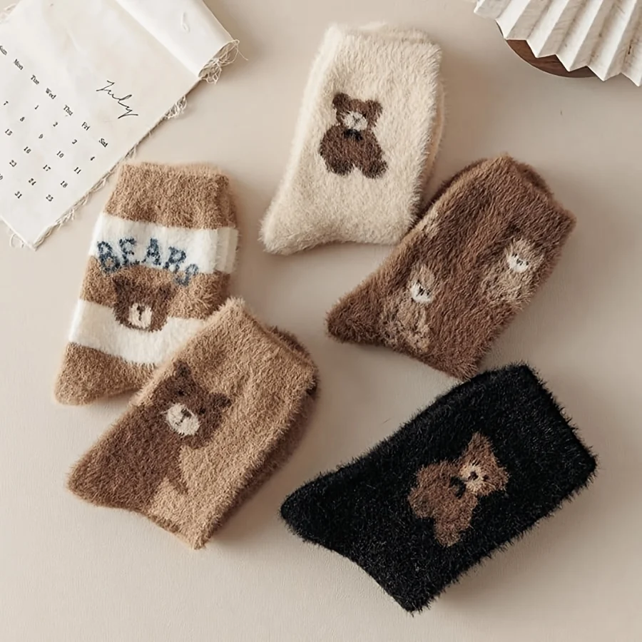 5 Pairs of Women's Socks in Random Styles, Bear Cartoon Print Socks, Cute Gifts for Women, Animal Cartoon Socks, Bear Socks, for Wife, Mom, Girlfriend, Daughter, Suitable for Autumn, Winter, Back-To-School Gifts, and f