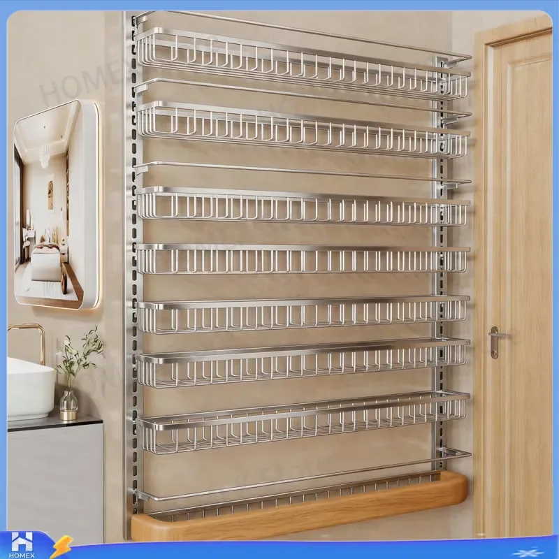 Storage rack behind the bathroom door. Bathroom without drilling. Hair shampoo and laundry detergent storage rack. Multi-level