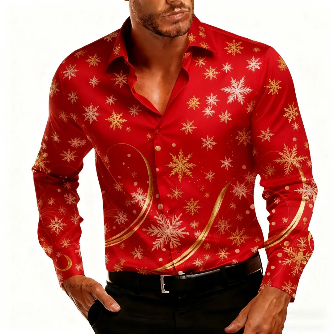 جديد عيد الميلاد الرجال مشهد عيد الميلاد قميص مطبوع-ندفة الثلج عارضة الأزياء جولة الرقبة زرر طويلة الأكمام حزب الخريف قميص #2