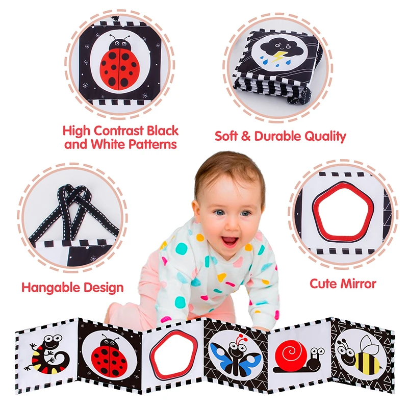 Black and White High Contrast Soft Cloth Book for Baby Infant Time Folding Educational Activity Cloth Book Crib Toys