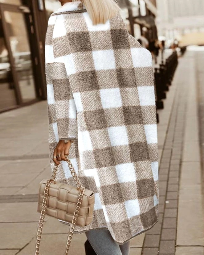 Jackets for Women 2023 Autumn/winter New Fashion Casual Thickened Thermal Polo Neck Plaid Pattern Fuzzy Longline Coat Outerwear