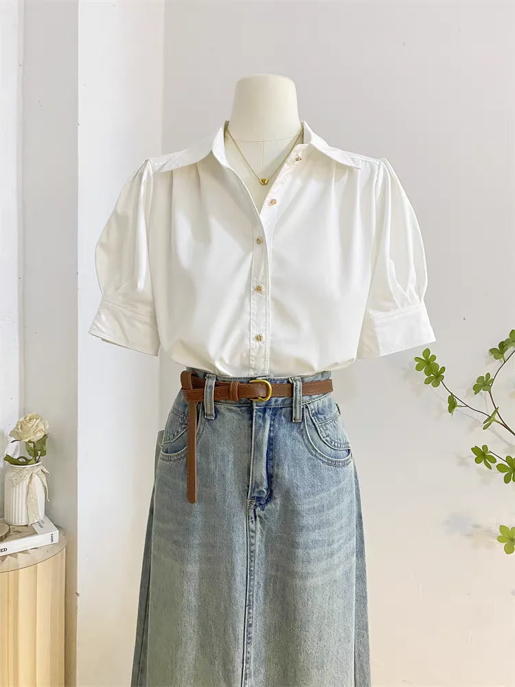 

Summer Women's Short Sleeve Shirts Solid Color Basic Blouse Korean Fashion Button Up Elegant Female Clothing Office Lady Tops