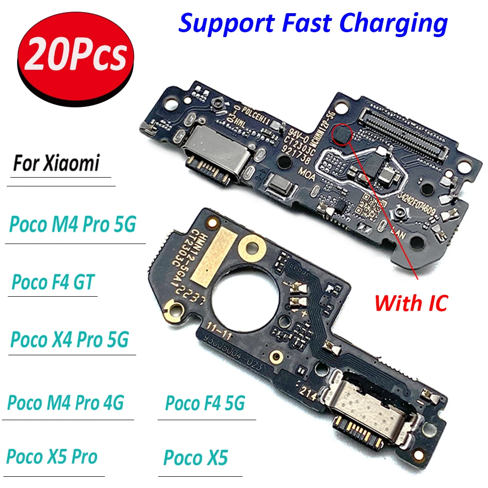 20Pcs， For Xiaomi Poco M4 X4 X5 Pro 4G F4 5G F3 X3 GT M5S USB Charger Dock Connector Charging Port Microphone Flex Replacement