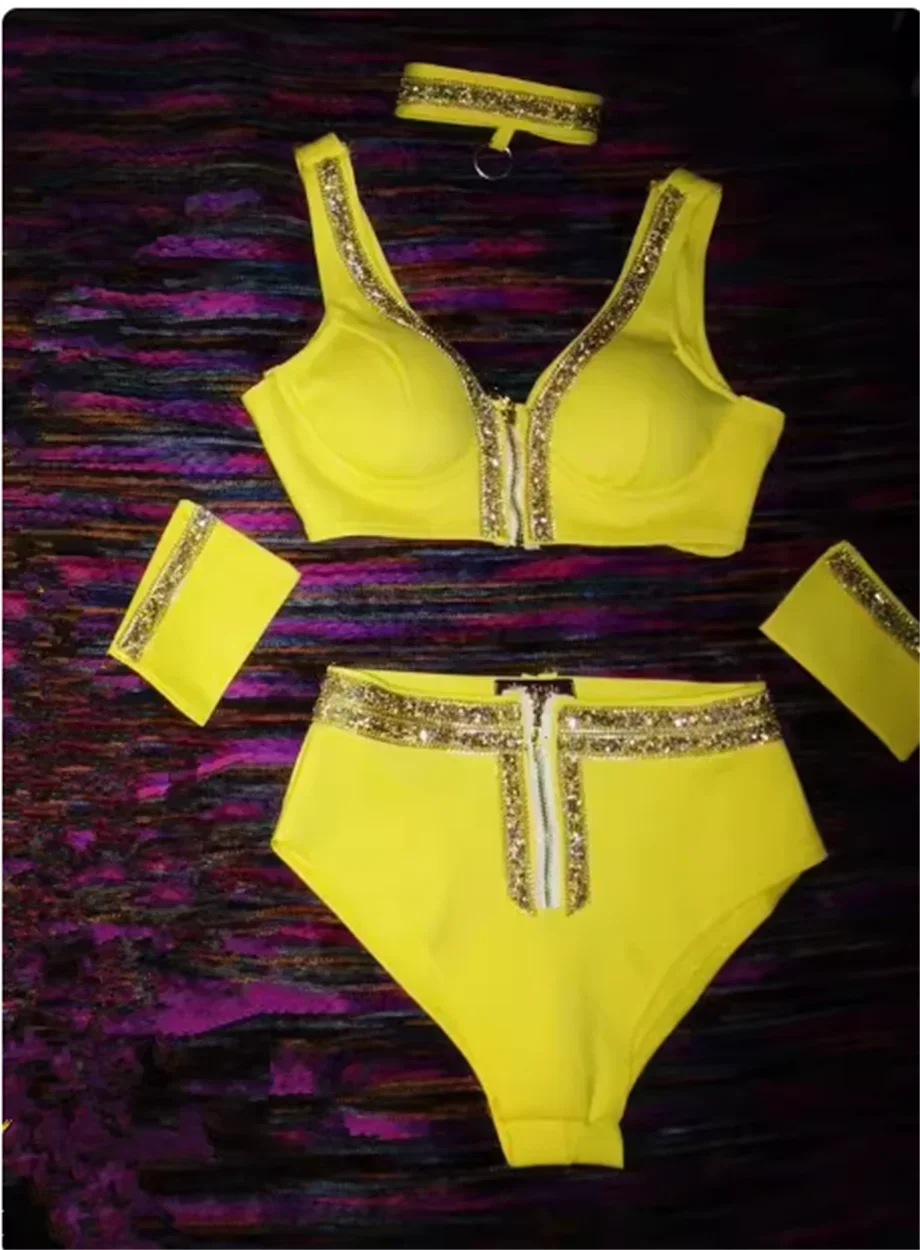 

2025 Nightclub performance outfit, sexy yellow bikini collar dance set