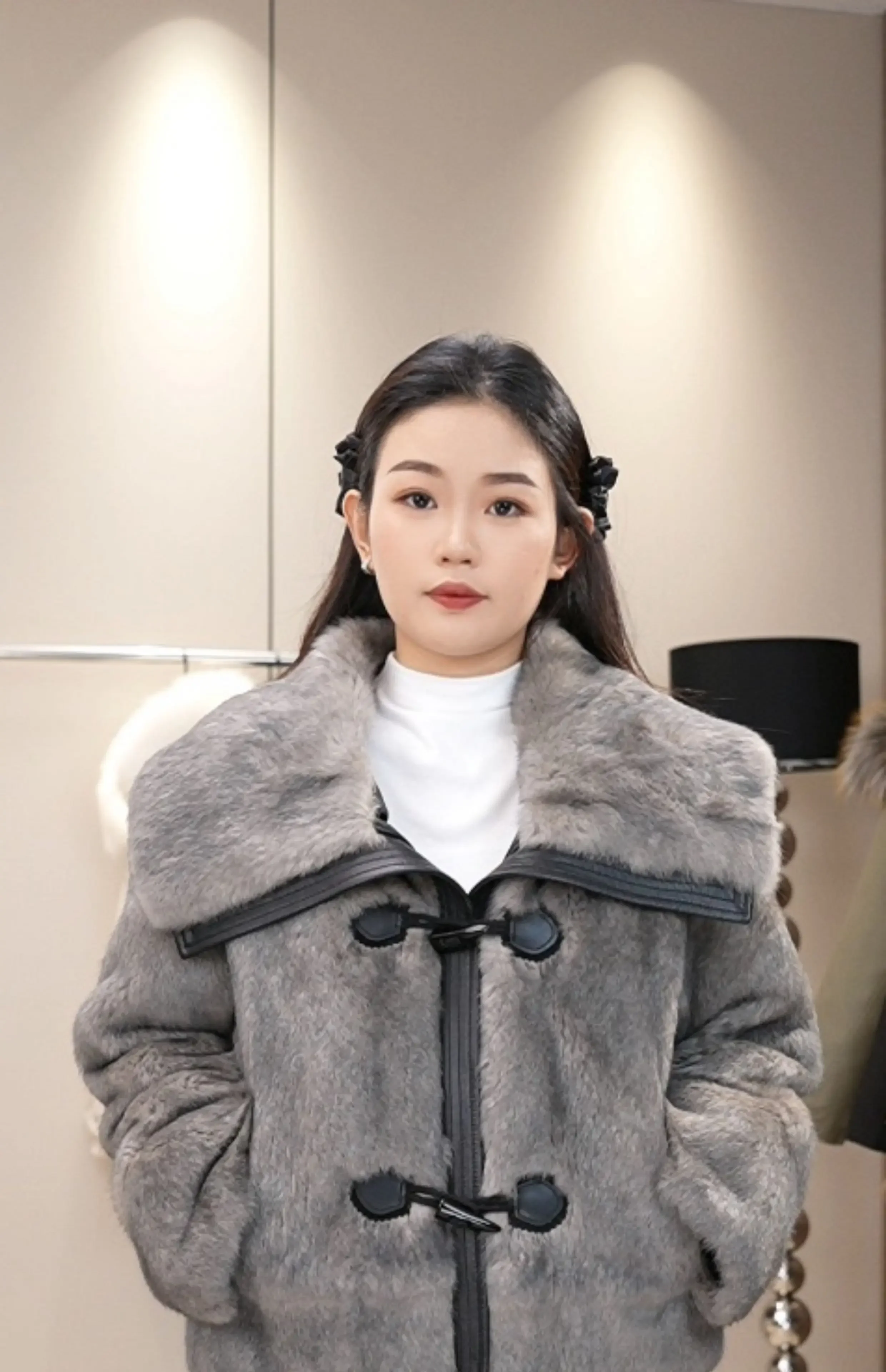 Real Rabbit Fur Coats Women Fashion Leopard Print Navy Collar Horn Button Down Liner Warm Short Jackets Casual Winter Outerwear