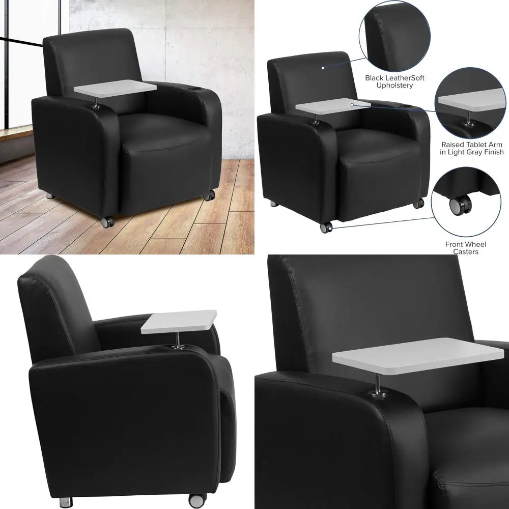 

Кожаное кресло LeatherSot Gt с подлокотником для планшета, подстаканником и передними колесиками, мягкое кресло с подлокотником для планшета или офисное кресло, черное