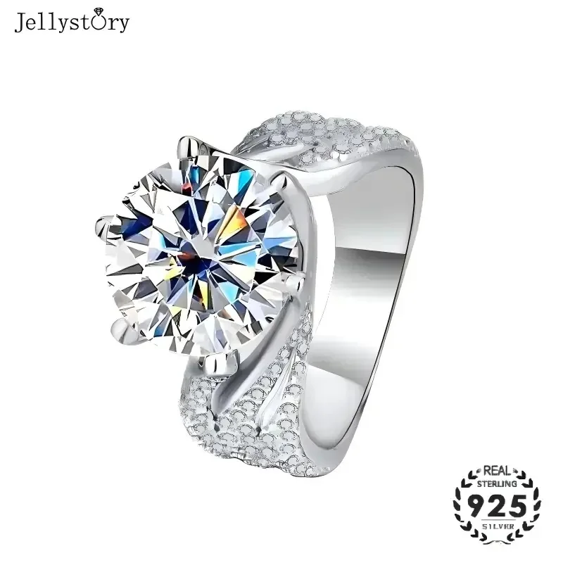 Jellystory S925 Pure Silver "Three Generations Of Love" Moissanite Ring 5 Carat Full Diamond Large Carat Colored Diamond Women