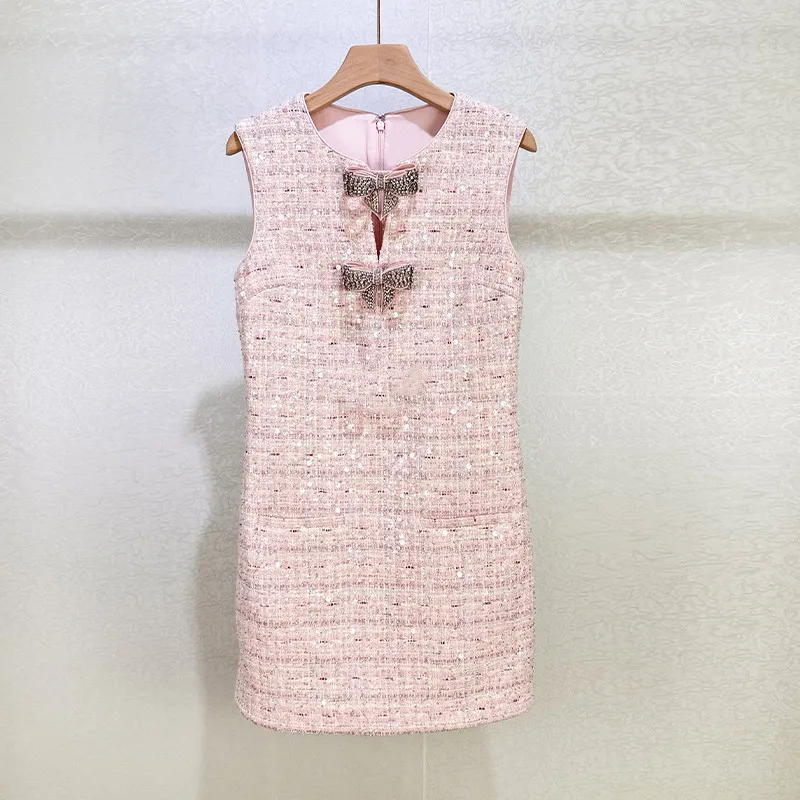 

Pink Tweed Sleeveless Mini Dress Women 2026 Spring Luxury Rhinestone Bow Cutout Pocket Sequin Cotton Blend Party Dress