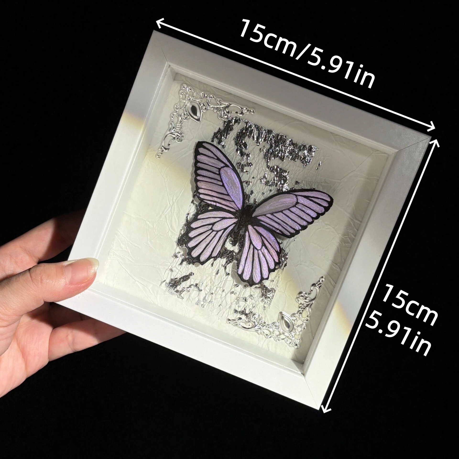 2154 Gothic Style Purple Glitter Butterfly Framed Art Silver Foil Background Resin Craft Unique Handmade Home Decor Ornament