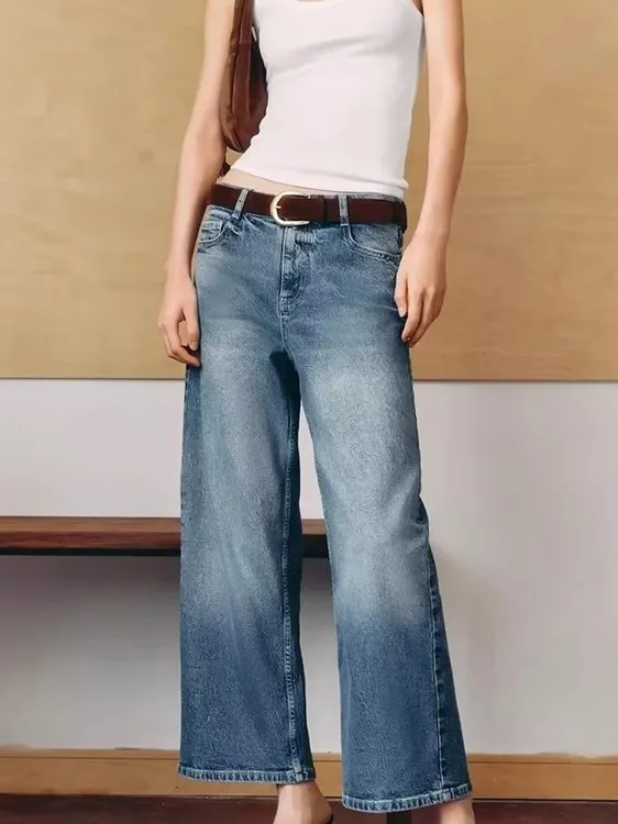 

Fashionable High Waist Wide Leg Seven Inch Jeans Women's Style Belted Autumn New Arrival Casual Polyester Button Closure