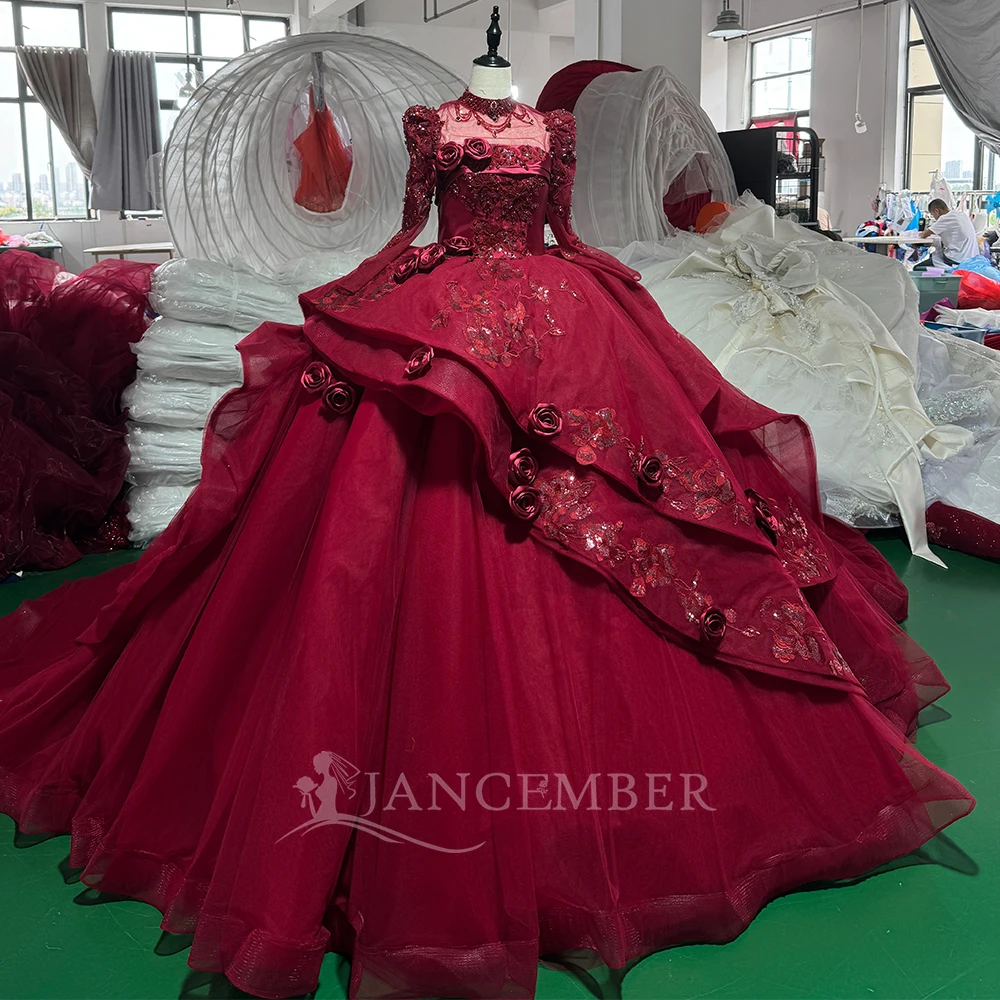 Romantic Burgundy Ball Gown Customized Wedding Dress High Neck Long Sleeves Sequins Embroidery 3D Roses vestidos de novia boda