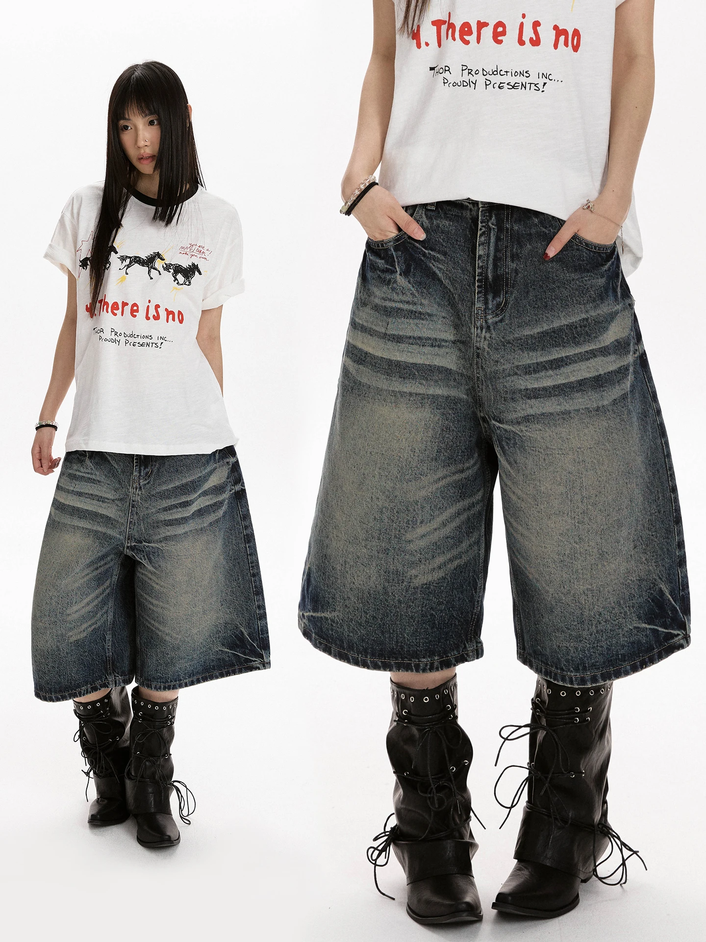 Apocket American Retro Washed Wide Leg Seven-Foot Jeans Trendy Unisex Slimming Loose Match All Cotton Denim Shorts