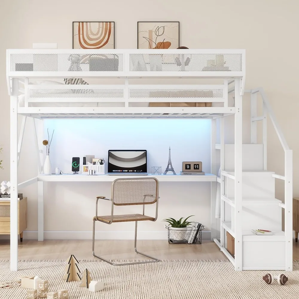 Heavy Queen Size Metal Loft Bed Frame with 5 Storage Sh Loft Bed with Desk and Stairs