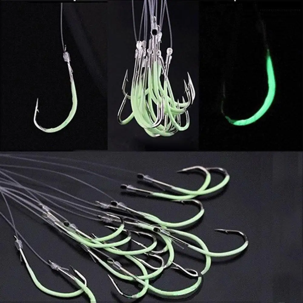 30pcs/lot Night Fishing Hook Glow In Dark String Hooks 16-24# Luminous Fishhooks NightLight Hooks Sports Fishing Tackle Fishhook