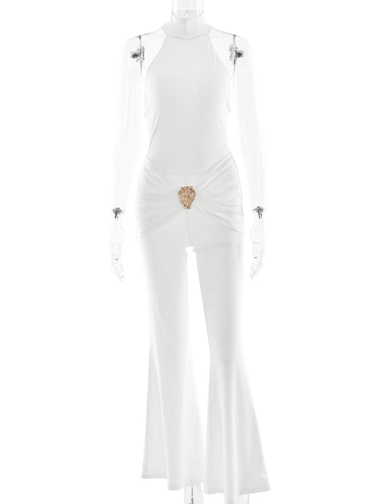 レディースセクシーノースリーブバックレスジャンプスーツ2025夏レディオフショルダーハイウエストメタルルーシュフレアパンツオーバーオールストリートウェア