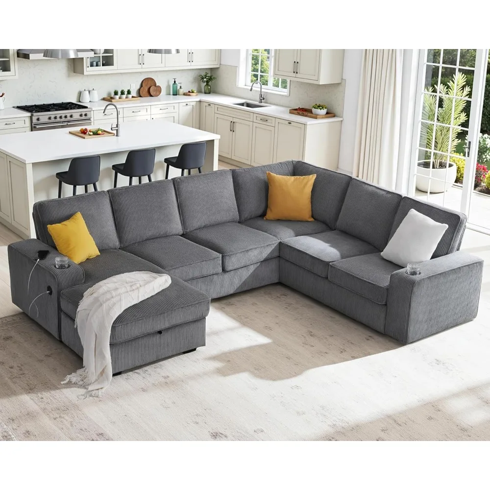 

112 Inch U Shaped Couch, Oversized Couch with Storage Chaise & Cup Holders, Sectional Sofa with USB & Type-C Charging Ports