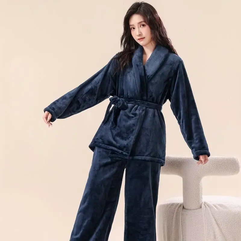 

Women's Bathrobe Pajama Set Comfortable Sleepwear Flannel Robe Short Set Thick Fleece Plus Size Homewear Loungewear Winter Cozy