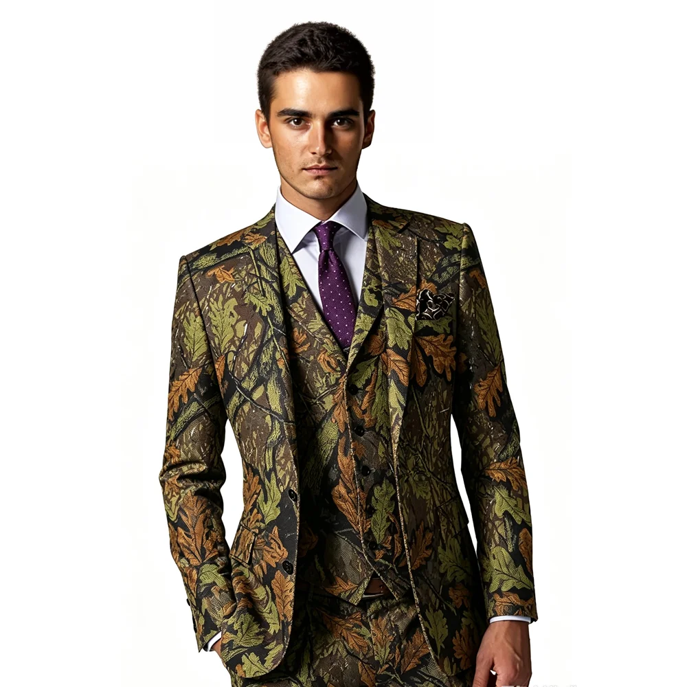 Men's 3-Piece Suit (Jacket, Trousers, Vest) with Oak Leaf Pattern – Groom's Wedding Tuxedo / Formal Business Attire
