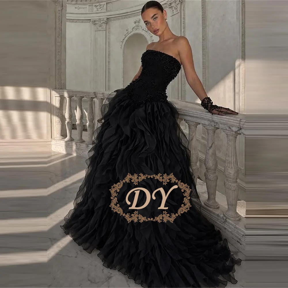 

DY Strapless A-Line Lace Prom Dress Customized Party Dress Floor-Length Zipper Evening Dresses