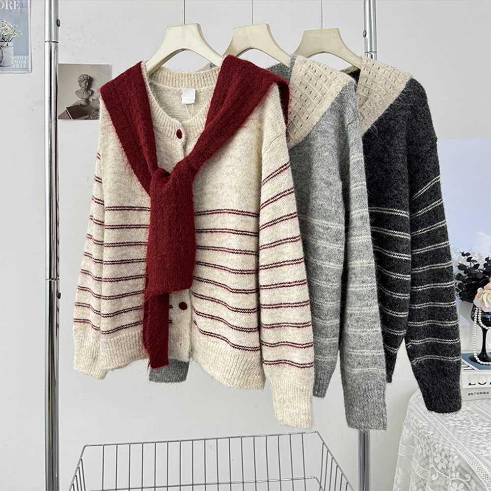 

Thin Stripe Pattern Sweater with Shawl Round Neck Cardigan Contrast Color Design Cardigan Oversized Knit Top Women’s Clothes