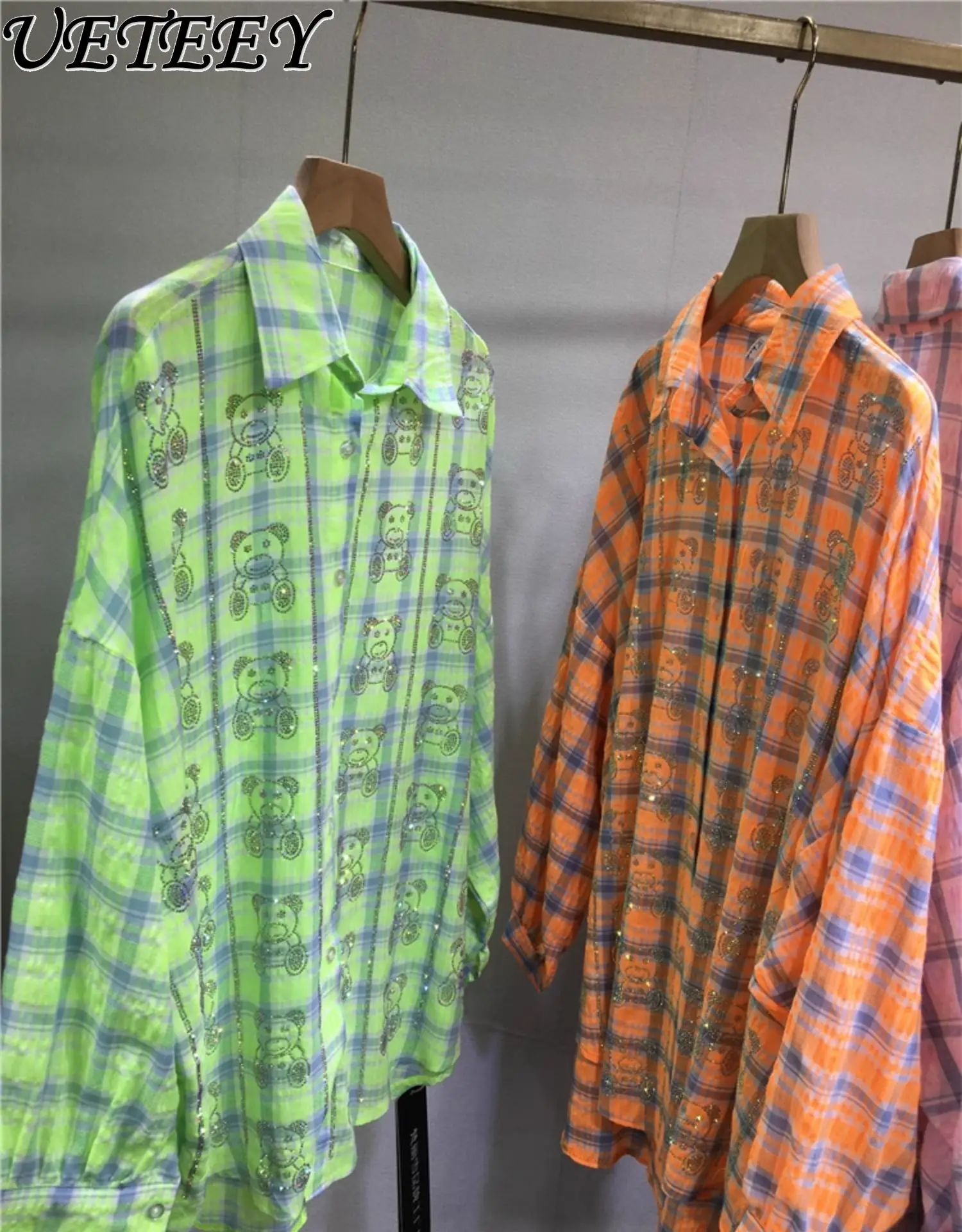 

Rhinestone Cartoon Bear Plaid Shirts Women Breathable Summer New Cardigan Loose Casual Mid-length Blouse Sun Protection Shirt