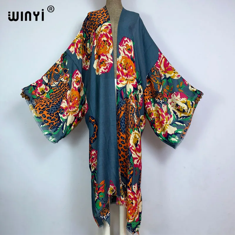 Winyi Zomer Bohemian Luipaard Print Strandkleding Zwempak Cover Up Afrika Vrouwen Vest Kleurrijke Sexy Vakantie Lange Mouw Kimono