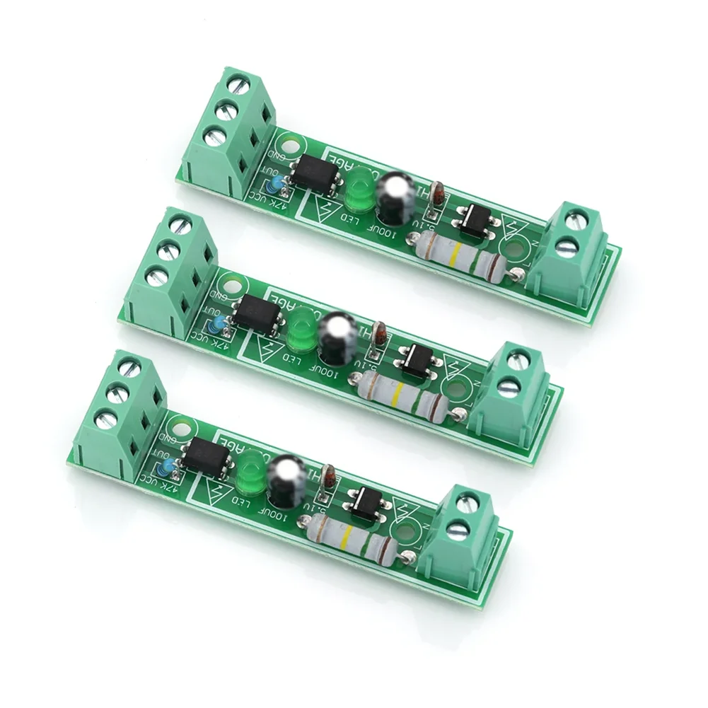 3PCS 220V AC Optocoupler Module for Isolated AC Voltage Monitoring with Blue 2P 3P Terminal Blocks and Compact PCB Layout