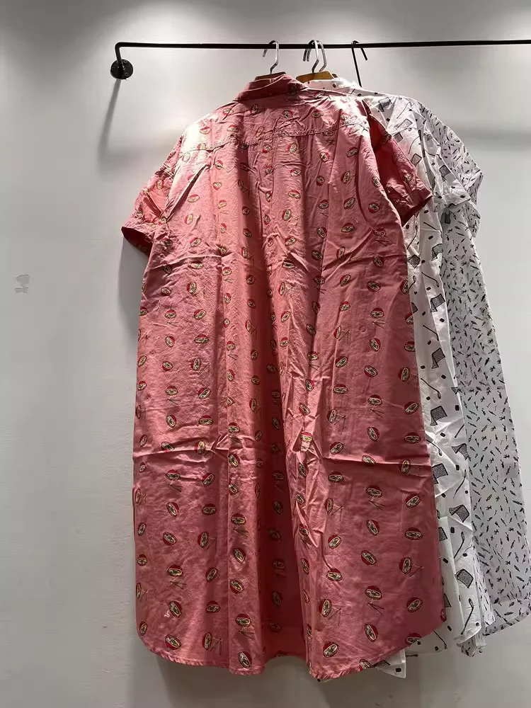 ผ้าฝ้าย 100% ชุดเสื้อเชิ้ตยาวสําหรับผู้หญิงฤดูร้อนญี่ปุ่นฮาราจูกุแฟชั่นการ์ตูนพิมพ์ชุดกระดุมแถวเดียวเสื้อยาว