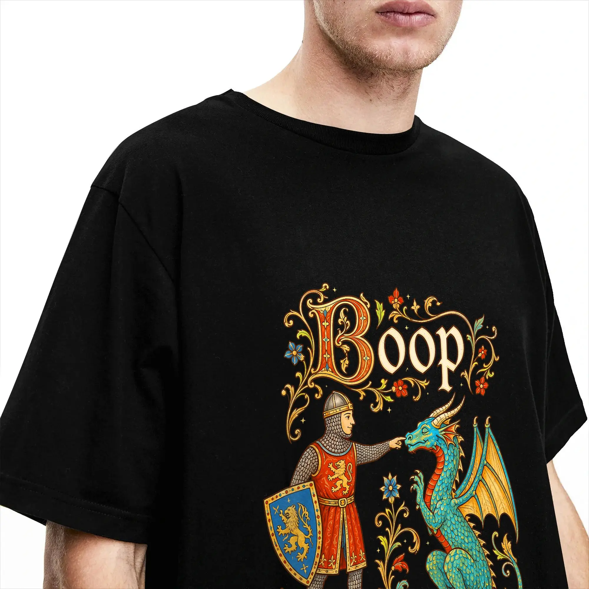 Le Boop Mittelalterlicher Ritter Drache T-Shirt für Männer Reine Baumwolle Vintage T-Shirts Rundhals T-Shirts Kurzarm Oberteile 4XL 5XL 6XL – Detail 3