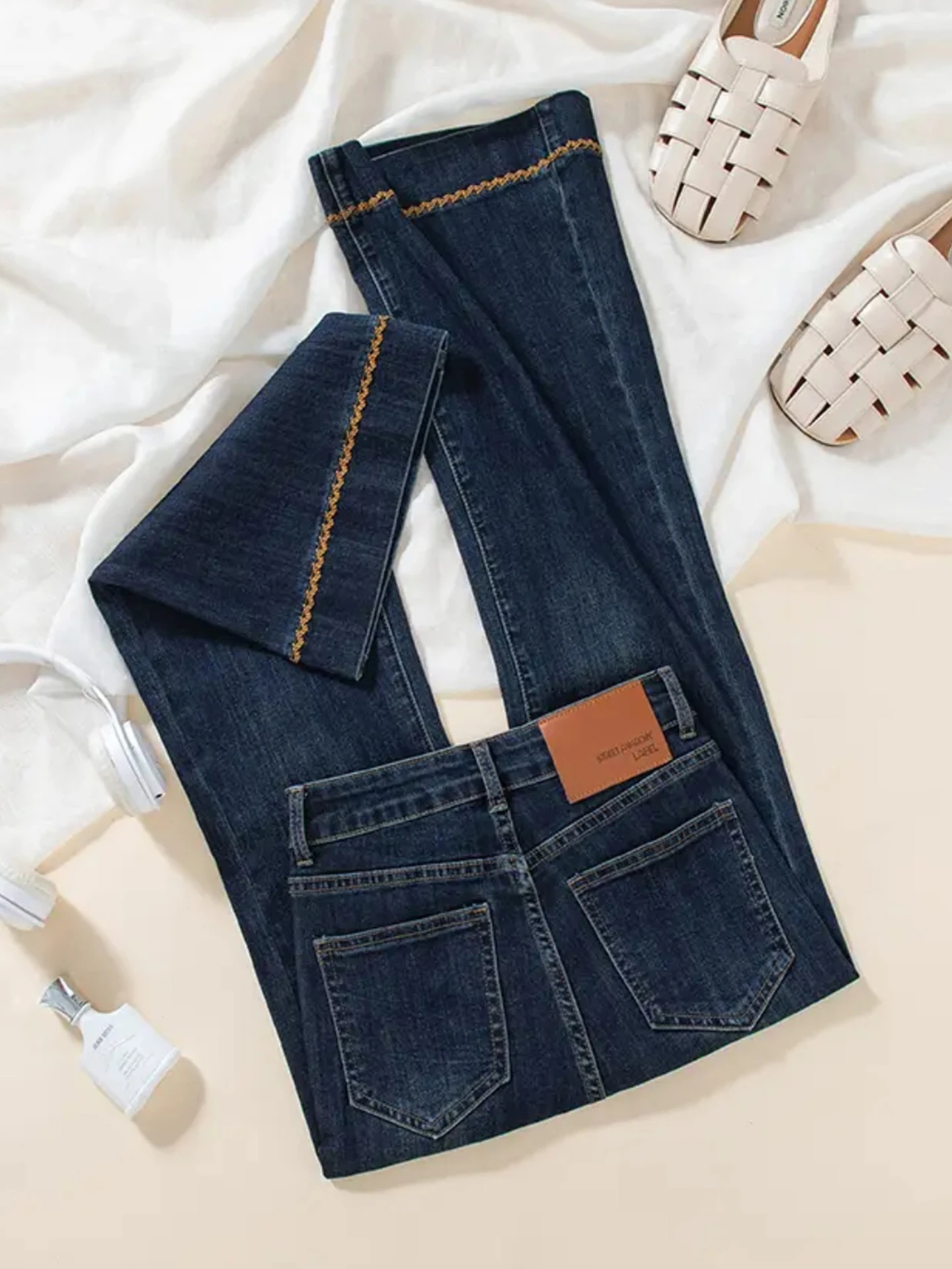 

Синие расклешенные джинсы для женщин, осенние новые повседневные джинсовые брюки с высокой талией, модные лоскутные женские широкие брюки