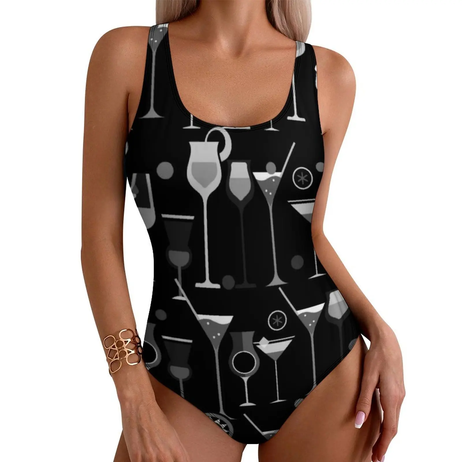 

Funny Wine Print Swimsuit Vintage Cocktail Push Up Swimwear One Piece Surfing Monokini Bodysuit Sexy Graphic Beach Wear Big Size