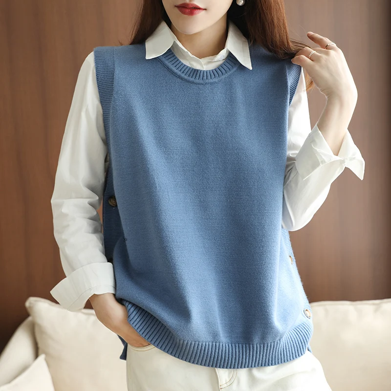 

Spring Autumn 2024 Women's Camere Vest Loose Knitted Wool 00 Outerwear Faionable Casual Sle round Ne Single Button