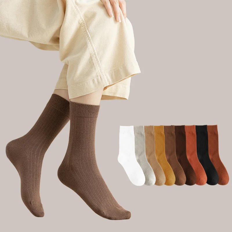 Chaussettes mi-longues empilées pour femmes, édition de documents solides, respirantes, absorbant la transpiration, décontractées, longues, mode, 5/10 paires