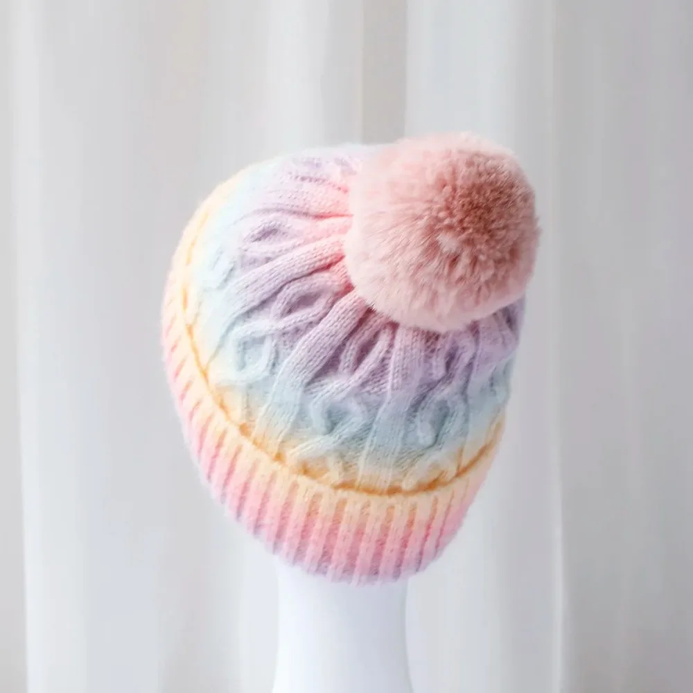 Cute Thickened Beanie Hat with Faux Fur Pompon Ball Gradient Striped Pattern Knitted Hat Keep Warm Ski Cap