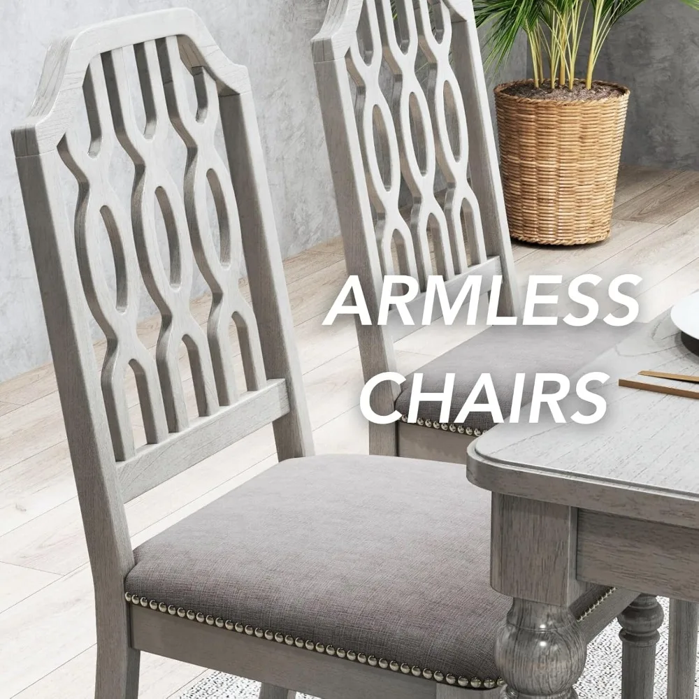 مجموعة من 4 كراسي لتناول الطعام في المزرعة على الطراز الريفي الفرنسي مع ظهور شبكي خشبي ومقاعد منجدة وزخرفة رأس الأظافر