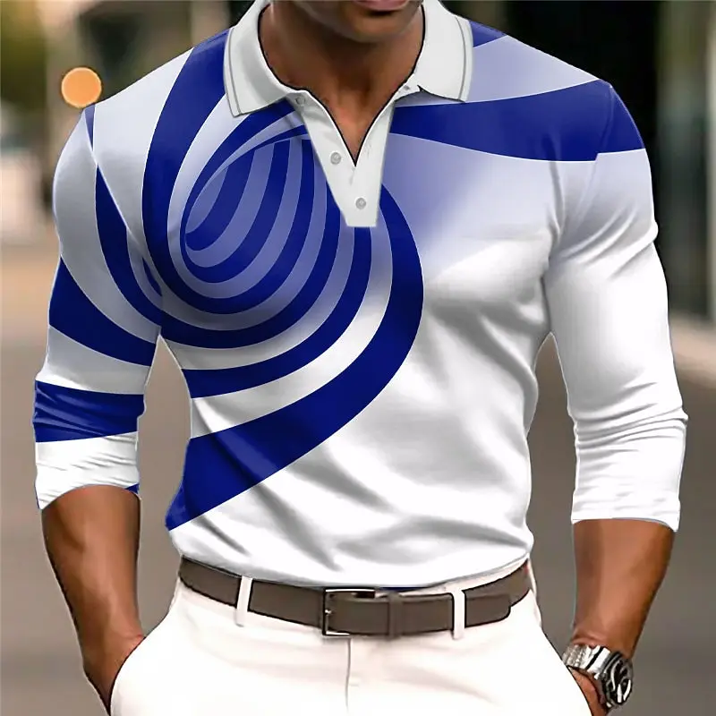 Men's Artistic Swirl Print Polo – Slim Fit Curved Stripe Top for Gallery Visits, Creative Meetups & Bold Style