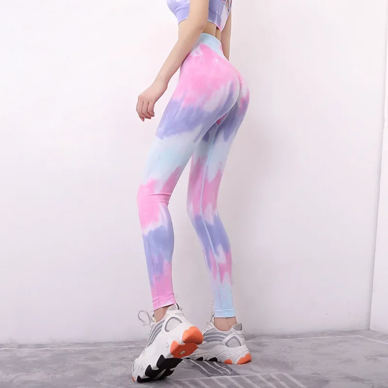 Tie Dye Ultra High เอวพีช Butt กางเกงโยคะสูงเอว Gym กางเกงผู้หญิง Tie Dye กีฬาวิ่งแน่นกางเกง