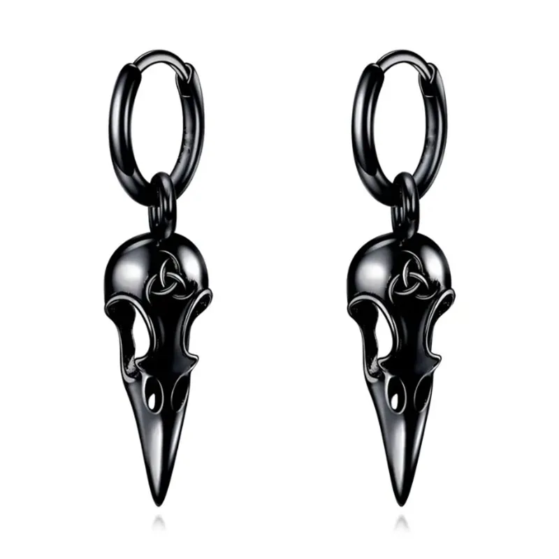 1 par de brincos femininos explosivos de aço inoxidável corvo crânio pingente longo dinheiro pingente punk titânio aço jóias por