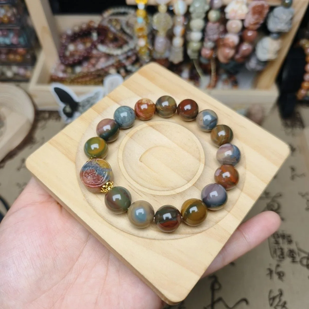 

Natural iridescent vintage material bracelet - Unique handmade gift for men and women - Good luck and blessings