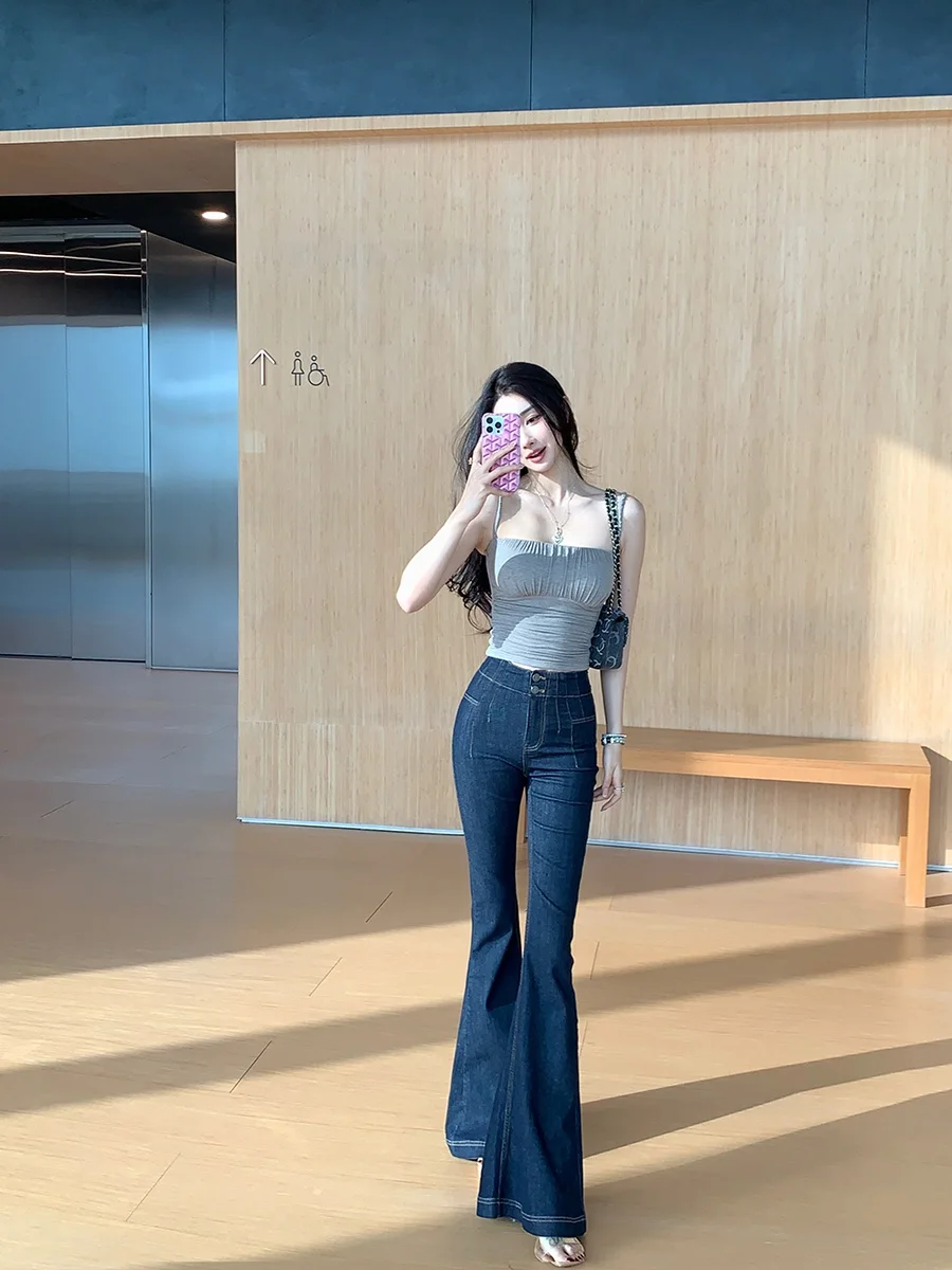 

Achi High Waist Bell Bottom Jeans Women's Slim Fit High Elasticity Skin-friendly Deep Blue Butt Lifting Casual Cotton Denim