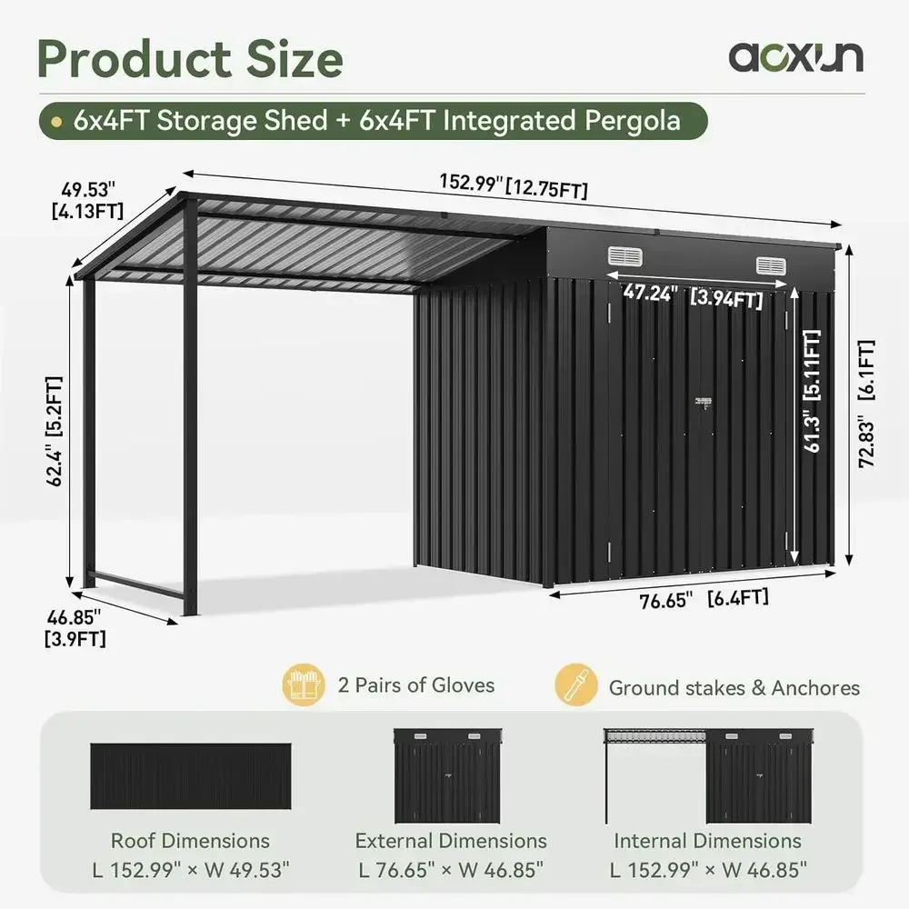Outdoor Storage Shed & Hardtop Gazebo Combo, 12x4 Metal Lean-to Shed with Open Pergola, 2-in-1 Garden Tool Shed or Patio Shelter view 2