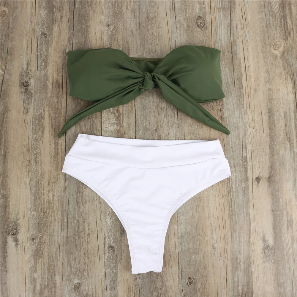 High Waist Bikini Thong Knotted Swimsuit Strapless Backless Vacation Swimwear Women Retro Bathing Suit Beach Summer Swim Outfits