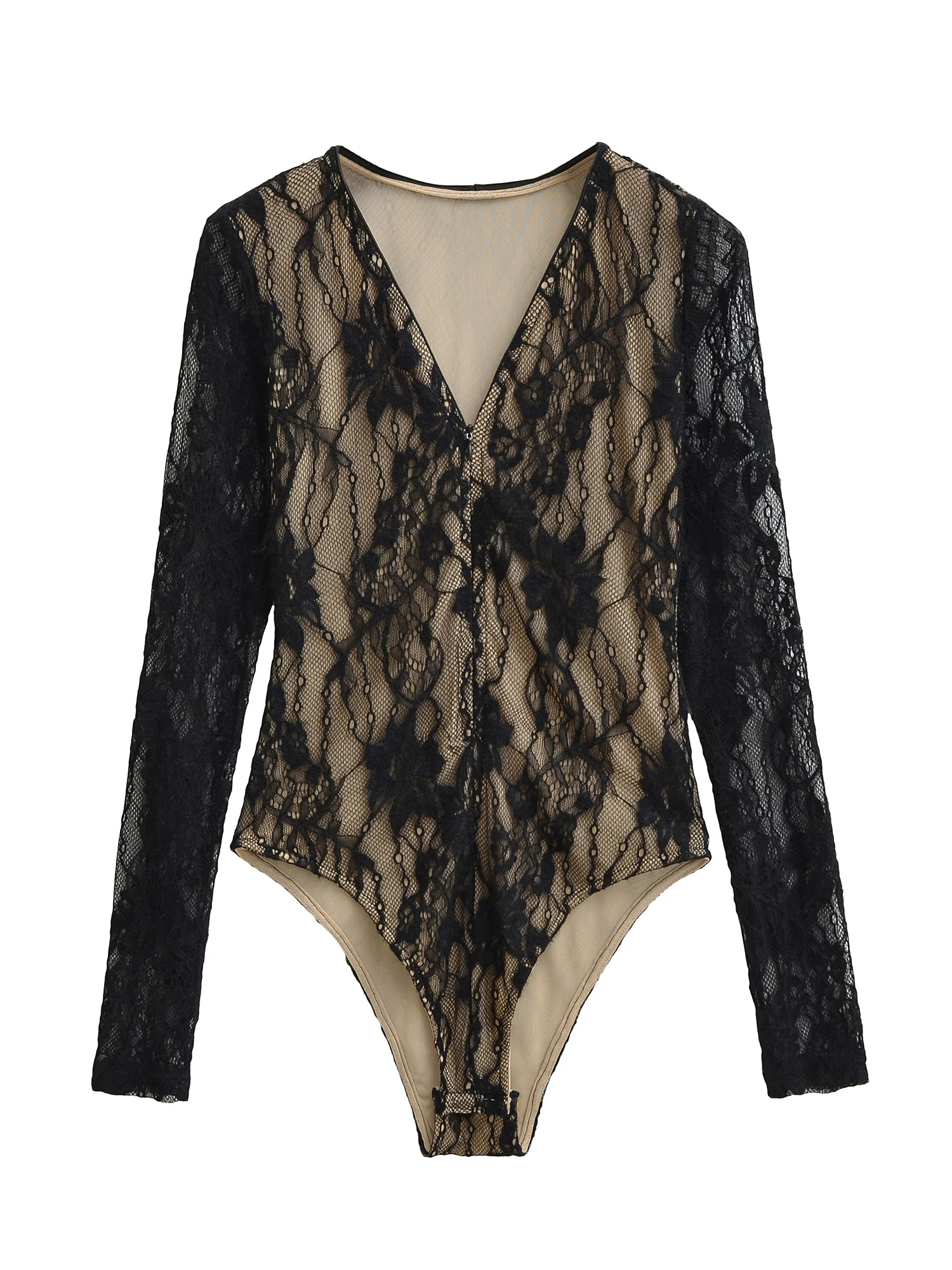 

Sexy American Sle Long Sve Lace Bodysuit Women's Slimming Zipper V-ne-piece Base irt Commute Straight Cut mid Waist