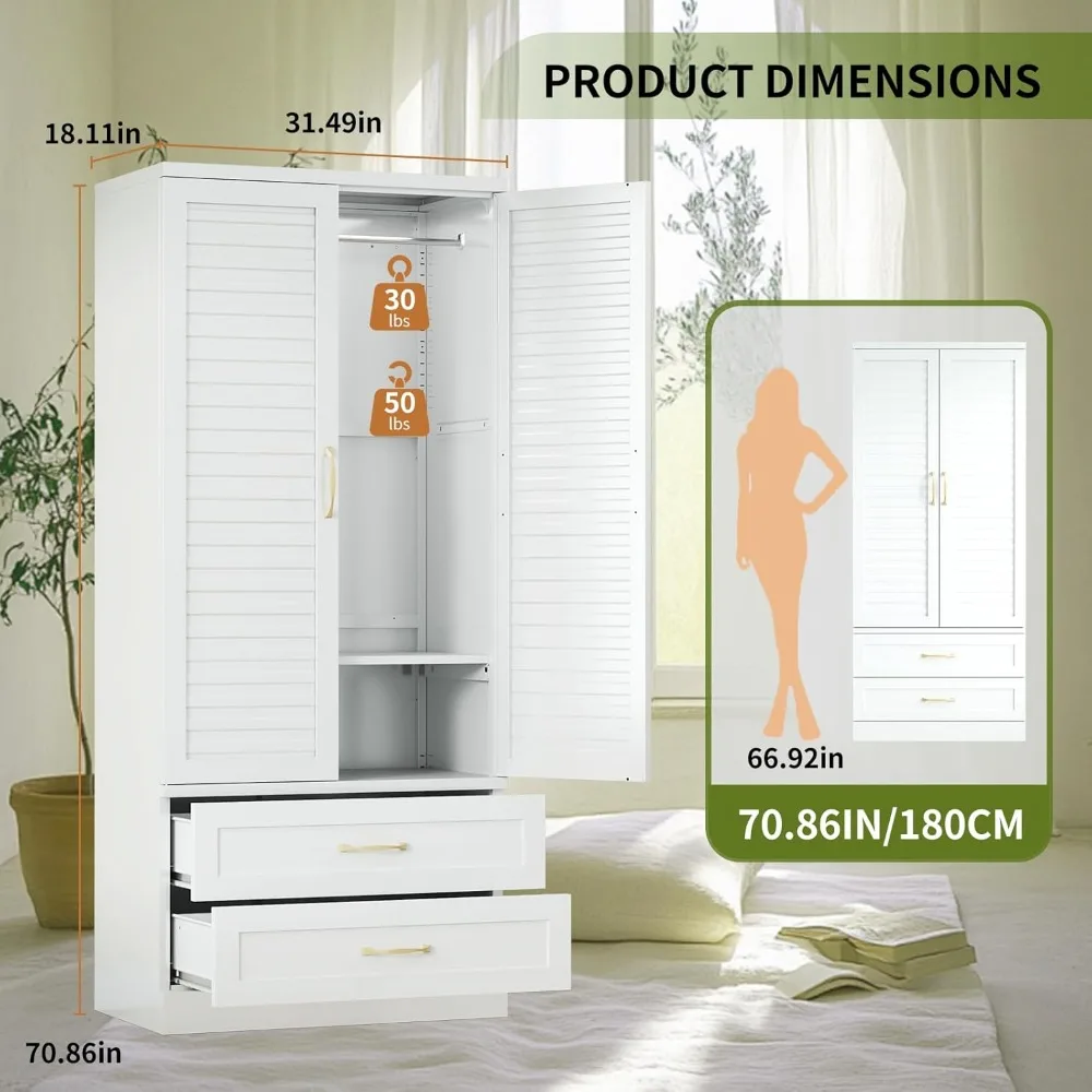 Armadio moderno indipendente in acciaio con cassetti e asta sospesa per soluzioni di archiviazione per la camera da letto