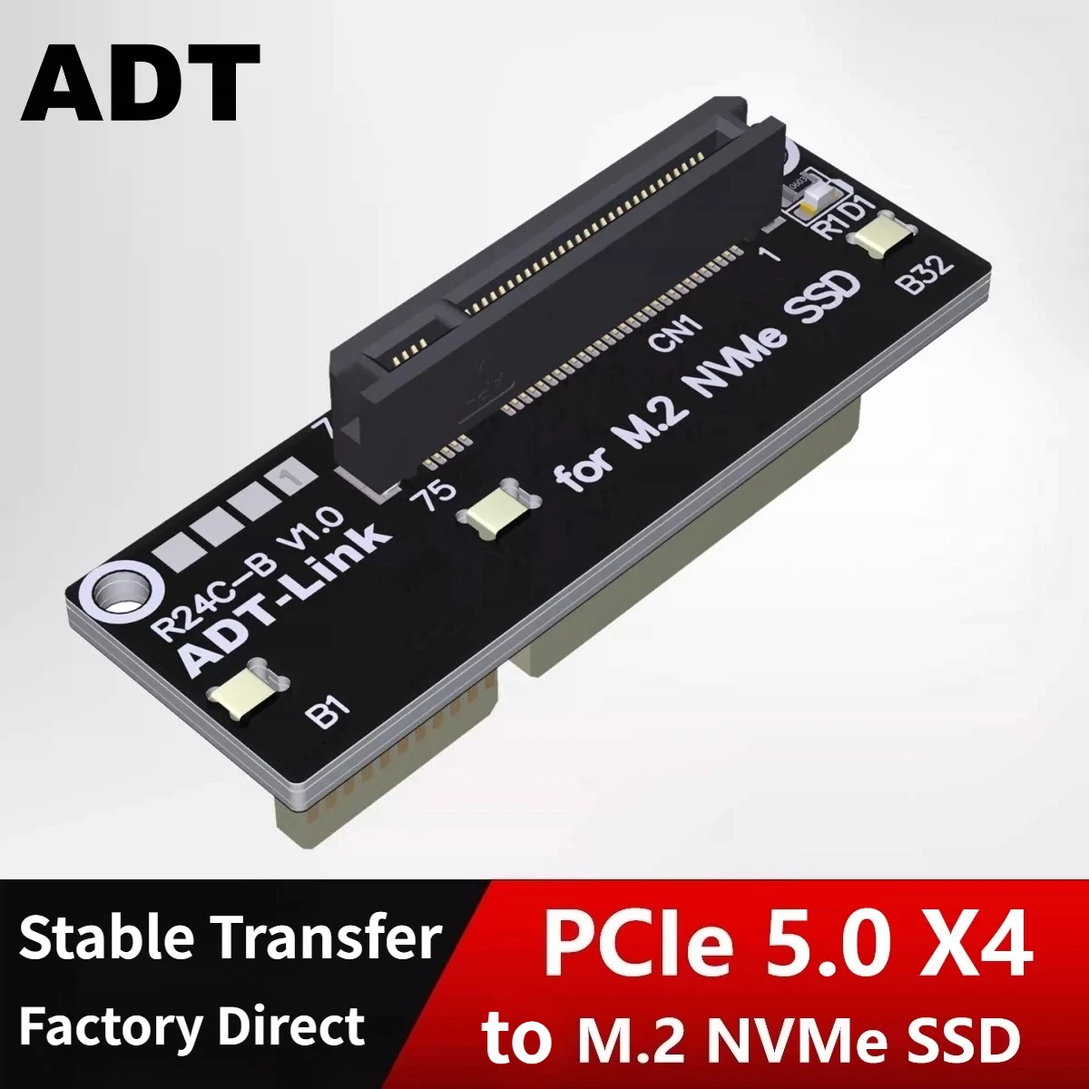 ADT PCIe 5.0 x4 To M.2 NVME SSD Adapter Card M-Key Dual 90 Degree Connector Upright Direct Plug Testing Card Gen5 4X To M.2 Card