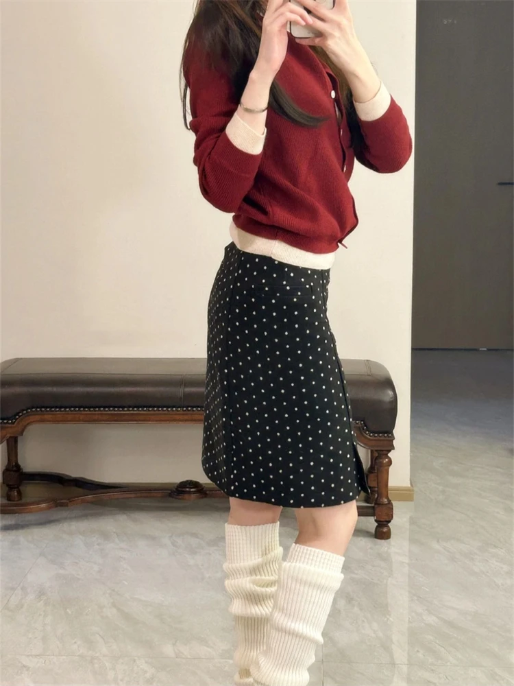 Retro polka dot cintura alta a linha saia feminina outono novo sle emagrecimento mistura de lã envoltório em torno da saia midi