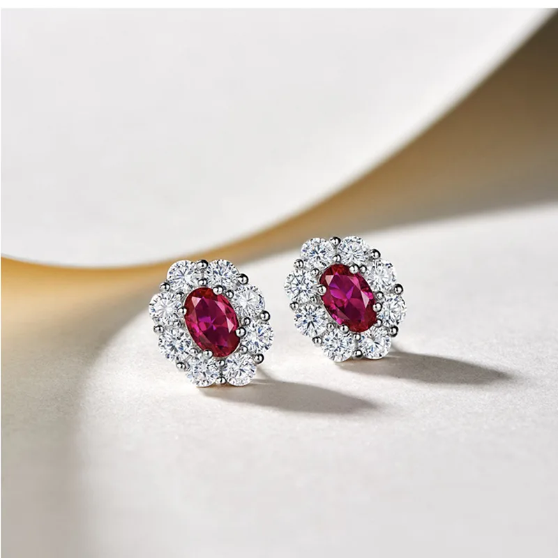 Gorgeous Female Earrings 925 Sterling Silver Oval Shaped Simulated Ruby White Zircon Earrings for Women Statement Bijoux Jewelry