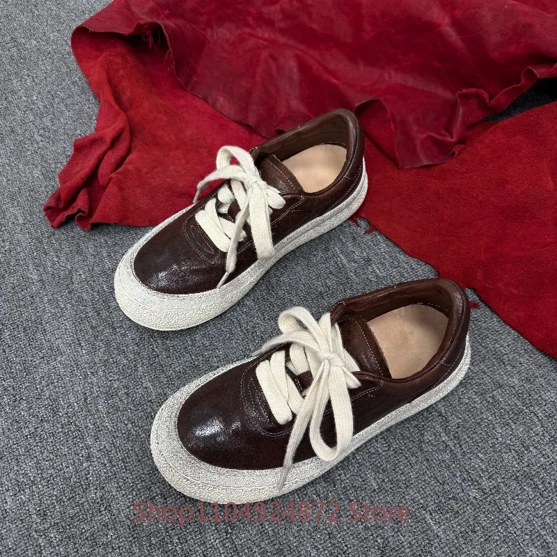 Vintage Washed Horse Leather Sneakers Men's Handmade Lace Up Thick Platform Sole Genuine Leather Casual Walking Board Shoes